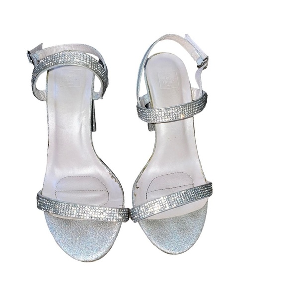 David’s Bridal Heels  silver sequined rhinestone chunky heel open toe strap SZ 6 - Picture 6 of 6